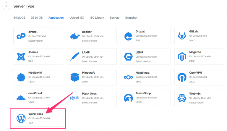 choose wordpress application on vultr vps